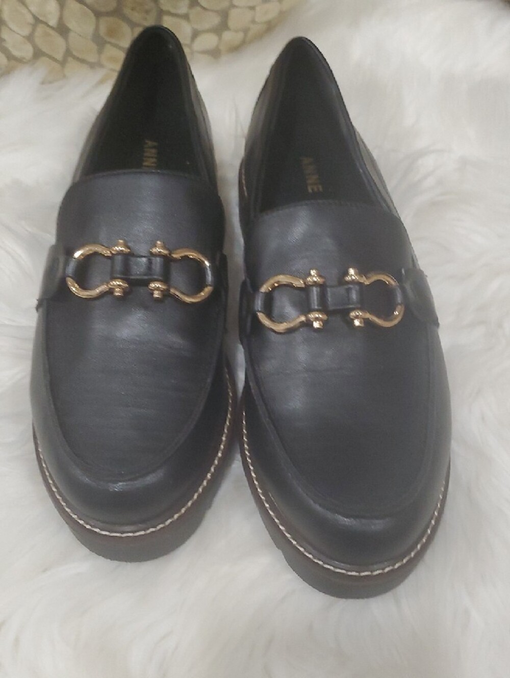 Anne Klein Black Vegan Leather Loafers with Gold Horsebit Accent - Picture 14 of 14